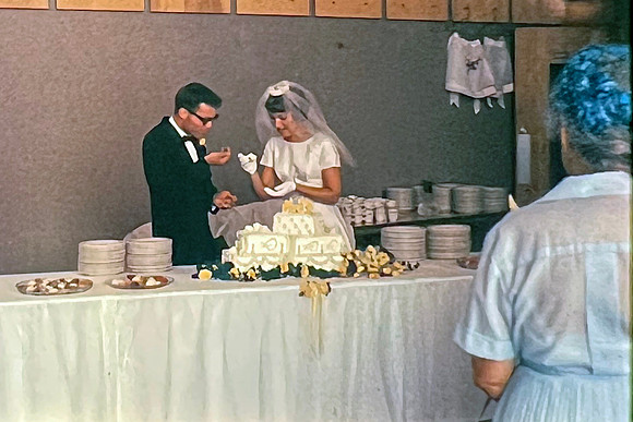19640718 Dick, Belita, Grandma Olsen eating wedding cake