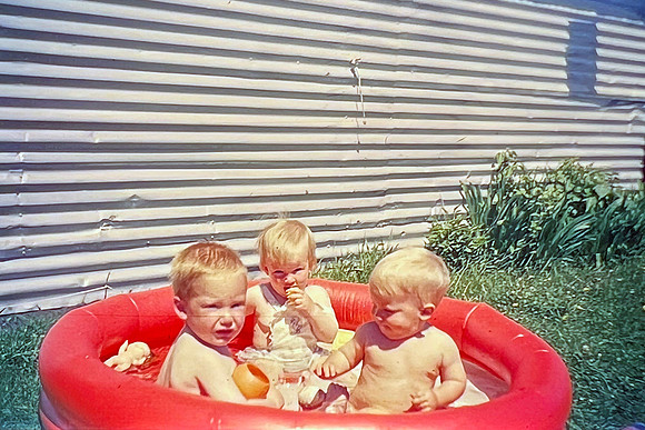 19660529 Erik 9 mos in red pool with Prry Presler and Kari Huseby