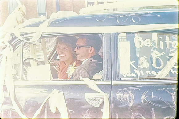 19640718 Belita and Dick in just married car